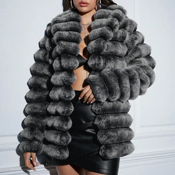 Grey Women's Open Front Fuzzy Coat - Picture 3 of 7